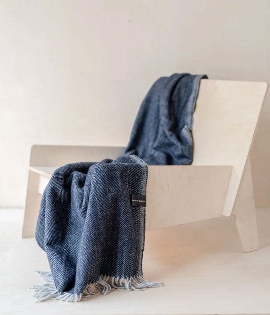 Navy Wool Blanket Herringbone