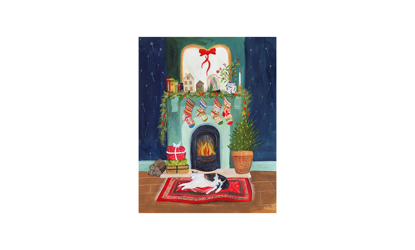 Rachel Grant Fireplace Cat Christmas Card Pack of 6